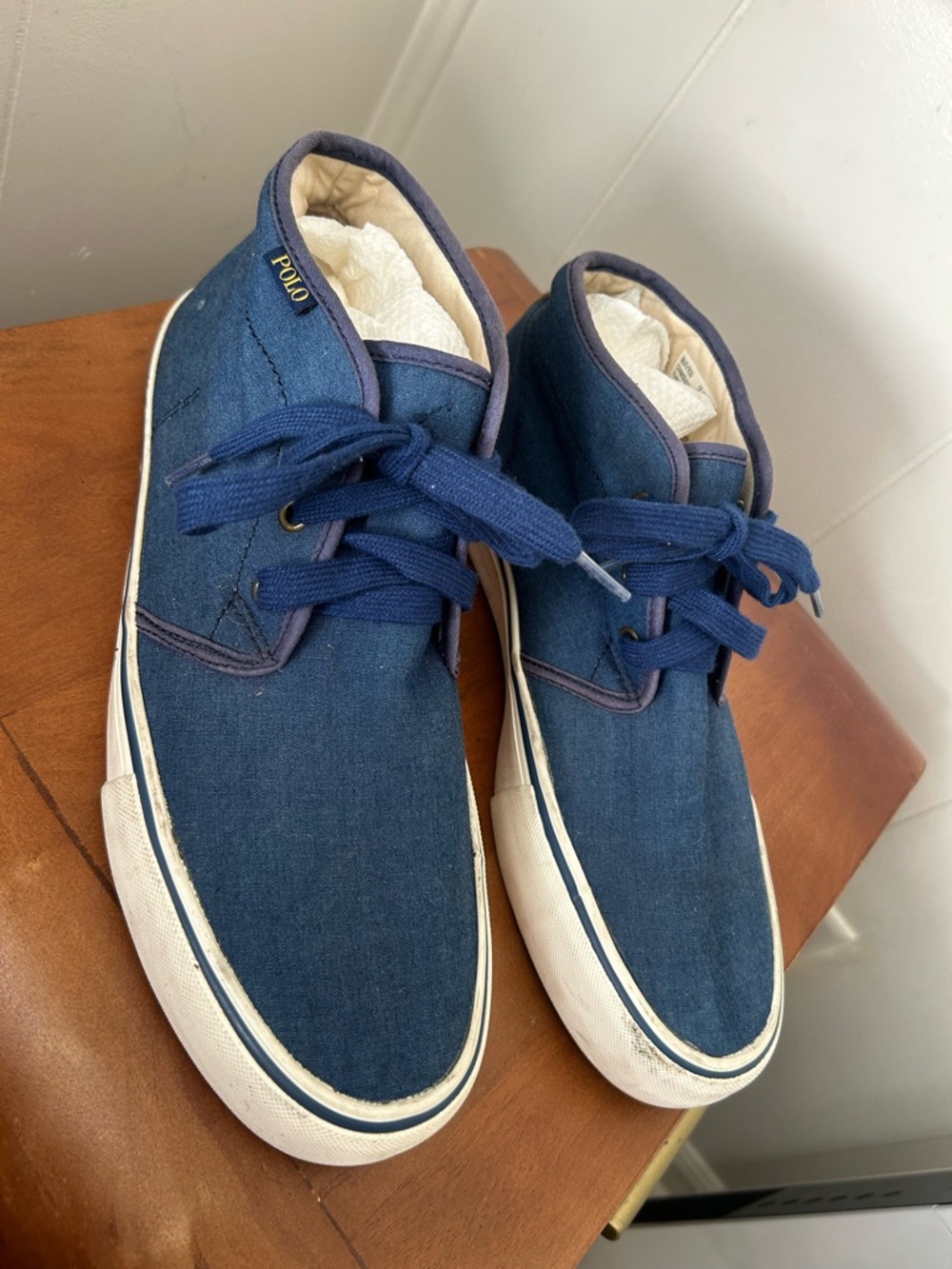 Polo Ralph Lauren Maykn Mens Size 10.5 Blue Chambray Denim Chukka Shoes Sneakers